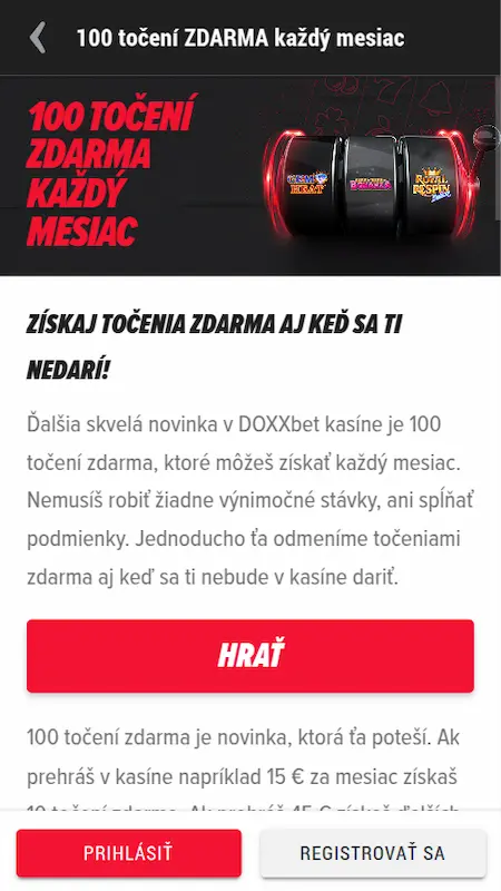 100 točení zdarma DOXXbet