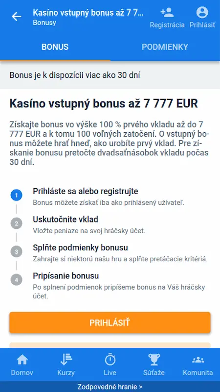 Tipsport Kasíno vstupný bonus