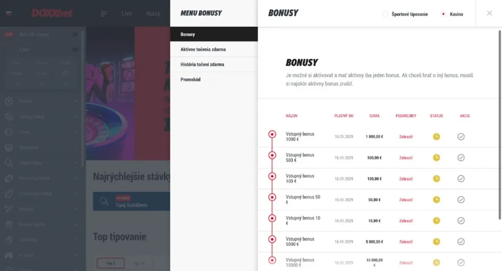Športy: Vstupný bonus