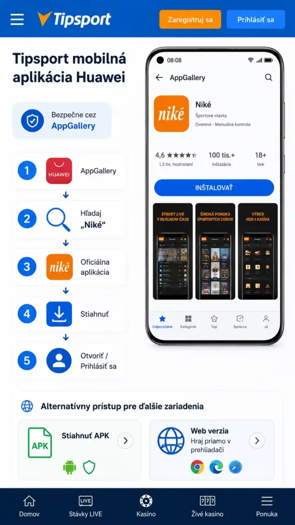 Inštalácia mobilnej aplikácie Tipsport na Huawei cez AppGallery
