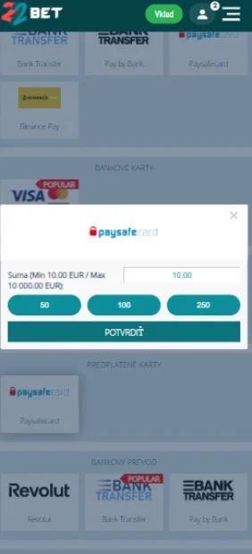 Vyberte možnosť Paysafecard