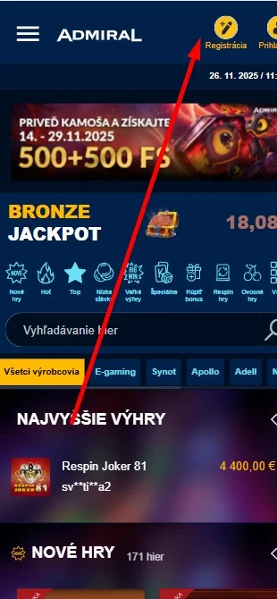 Klikni na "REGISTRÁCIA" na webe kasína.
