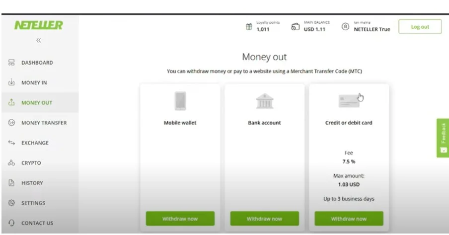 Prejdite do sekcie „Money Out“.