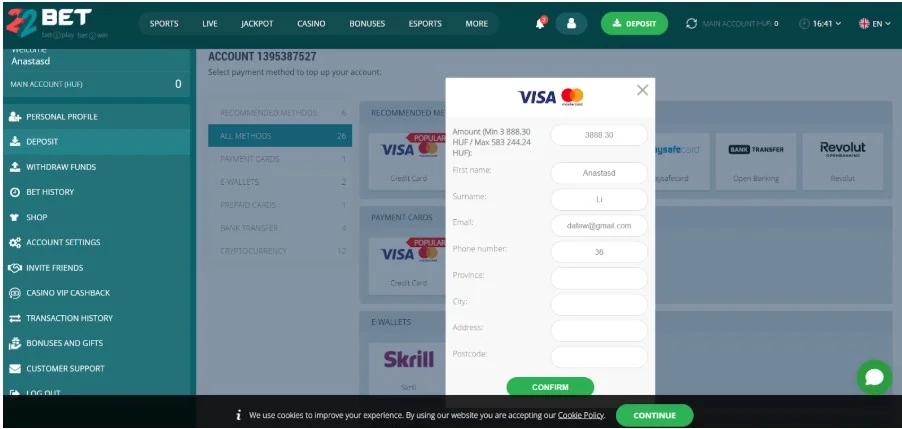 Zadajte údaje karty a sumu vkladu. 
