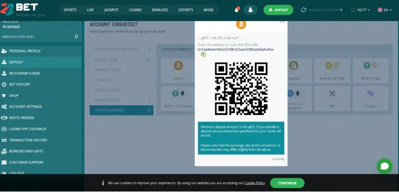 Skopírujte adresu kasínovej peňaženky alebo naskenujte QR kód