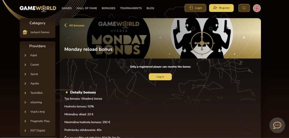 GameWorld Casino Bonus za dobíjanie v pondelok
